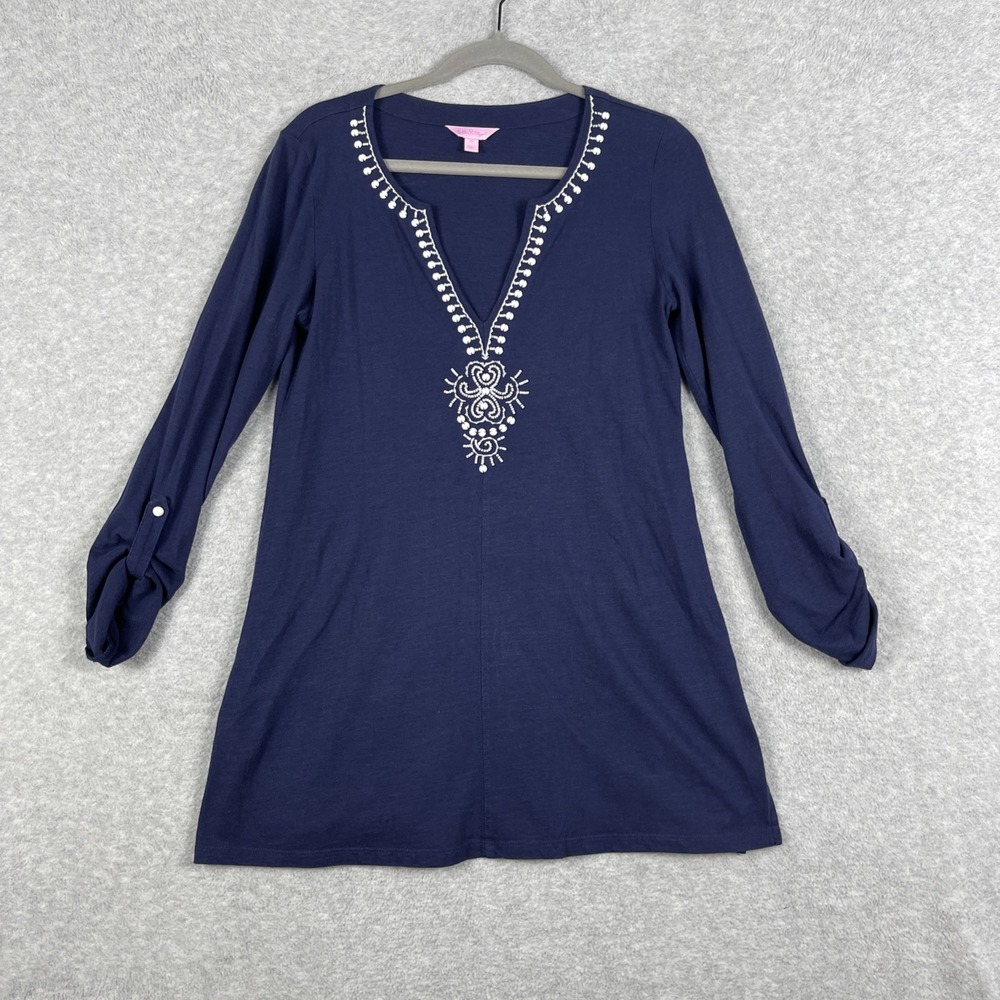 Lilly Pulitzer Elaine Embroidered Tunic Top Womens M True Navy Split Neck Casual